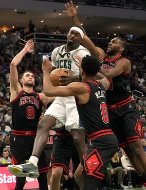 Milwaukee Bucks center Bobby Portis (9) grabs a rebound  during the first half of their game Sunday, April 17, 2022 at Fiserv Forum in Milwaukee, Wis. The Milwaukee Bucks beat the Chicago Bulls 93-86.