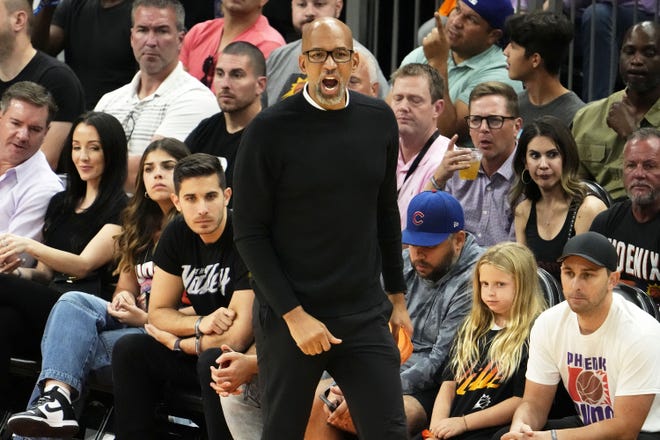 Apr 17, 2022; Phoenix, Arizona, USA; Phoenix Suns head coach Monty Williams reacts against the New Orleans Pelicans during game one of the first round of the 2022 NBA playoffs at Footprint Center.