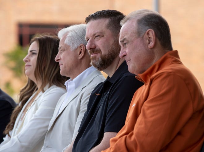 Texas basketball coach Chris Beard, second from right, has been indefinitely suspended due to his Dec. 12 arrest on charges of third-degree felony assault of a family member. The Longhorns will start Big 12 play Saturday at Oklahoma.