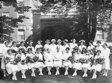 The Utica Memorial Hospital and its nursing school once were located on the west side of Genesee Street, just below the Memorial Parkway. The hospital later merged with St. Luke’s Hospital and formed the St. Luke’s-Memorial Hospital Center on Champlain Avenue in New Hartford. Here is a photo of the nursing school’s 1930 graduating class and supervisors. Seated left to right: Sophye Altshuler Goldman, Leona Harris Dean, Estelle Dodge Ames, Lucille Hanlen Higby, Olivia Cappen (night supervisor), Julia Hardy (hospital superintendent), Marguerite Maier Gillman, Margaret Ames Urbanek, Anna Hobica Jameson and Genevieve Frank Loftis. Standing left to right: Gladys Ertz (dietician),  Etoila Marsh Friery, Alice Smith Evans, Ruth Mahaffey Underhill, Viola Rowlands Bonville,  Gladya Rice (operating room supervisor), Grace Landon (second floor supervisor), Alma Barnard (supervisor of nurses), Dorothy McBride (third floor supervisor), Geneva Eldred Dent, Viola Hawley Robitelle, Helen Evans Nolan, Rena Reilly (assistant supervisor of nurses) and Isabelle Miller Lewis (supervisor of nurses).