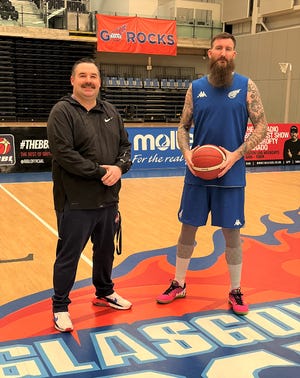 Pennfield grad Steve Miknis, left, has taken a job as an assistant coach for the Glasgow Rocks, a professional basketball team in Scotland with head coach Gareth Murray, right, who was a foreign exchange student at Pennfield and a high school teammate of Miknis.