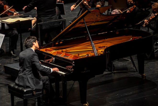 Christopher Richardson performs Beethoven's Concerto No. 4 in G major during the Waring International Piano Competition on Monday, April 18, 2022, at the McCallum Theater in Palm Desert, California. 