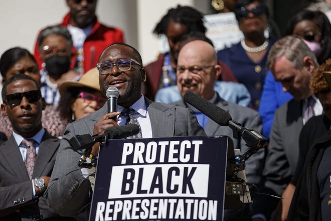 Sen. Shevrin Jones, D-Miami Gardens, speaks to a crowd in opposition of Gov. Ron DeSantis' proposed congressional redistricting map that is being taken up by lawmakers during a special session Tuesday, April 19, 2022.