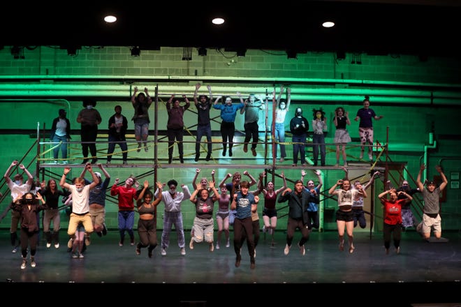 Westerville South High School Troupe 513 performers rehearse the finale for their spring musical presentation of "Footloose" on April 19 in Westerville.