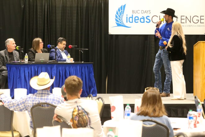 Caleb Thomas and Jordyn Barker answer a question from judges at Texas A&M University-Corpus Christi about a business opportunity Wednesday, April 20, 2022. The two competed in the institution's Ideas Challenge showcase.