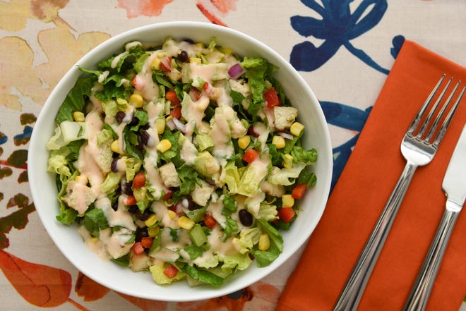 Southwest Chopped Chicken Salad includes black beans, corn and avocado.