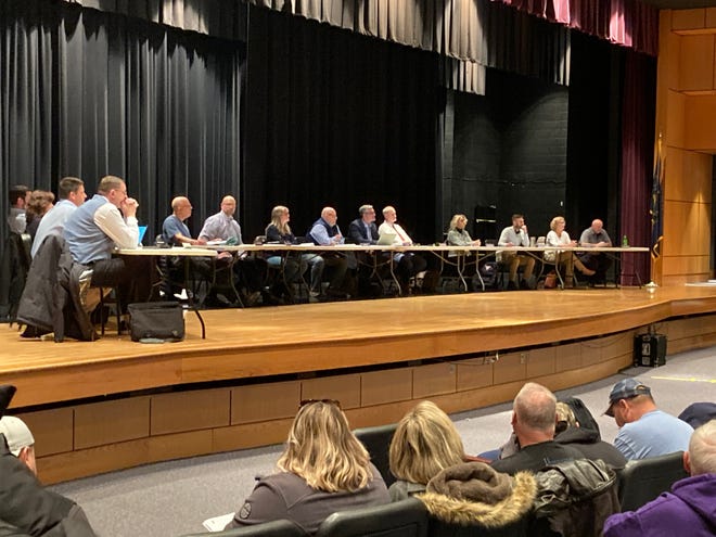 The Northern York County School District board members moved the session to the auditorium to accommodate the large crowds.