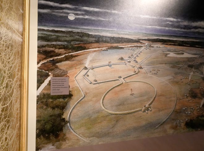 An artist's representation of what the Newark Earthworks may have looked like 2,000 years ago, part of the "Indigenous Wonders of Our World" exhibit, which opened Friday, April 22, at the Ohio History Center in Columbus.