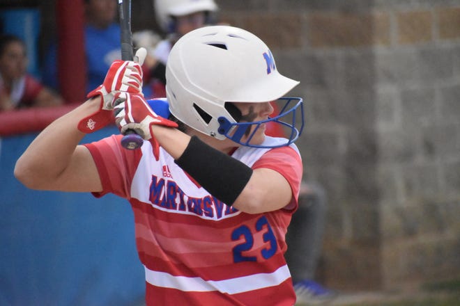 Martinsville's Sydney Galyan awaits a pitch during the Artesians' game with Plainfield on April 20, 2022.