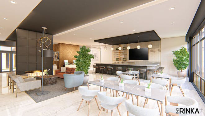 A rendering shows a lounge and bar area at The Woods, a new senior living community set to open in Greenfield in early spring 2023.