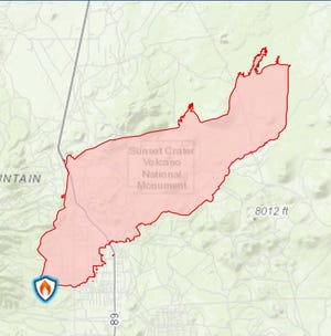 Map shows the Tunnel Fire covering Sunset Crater Volcano National Monument on April 21, 2022