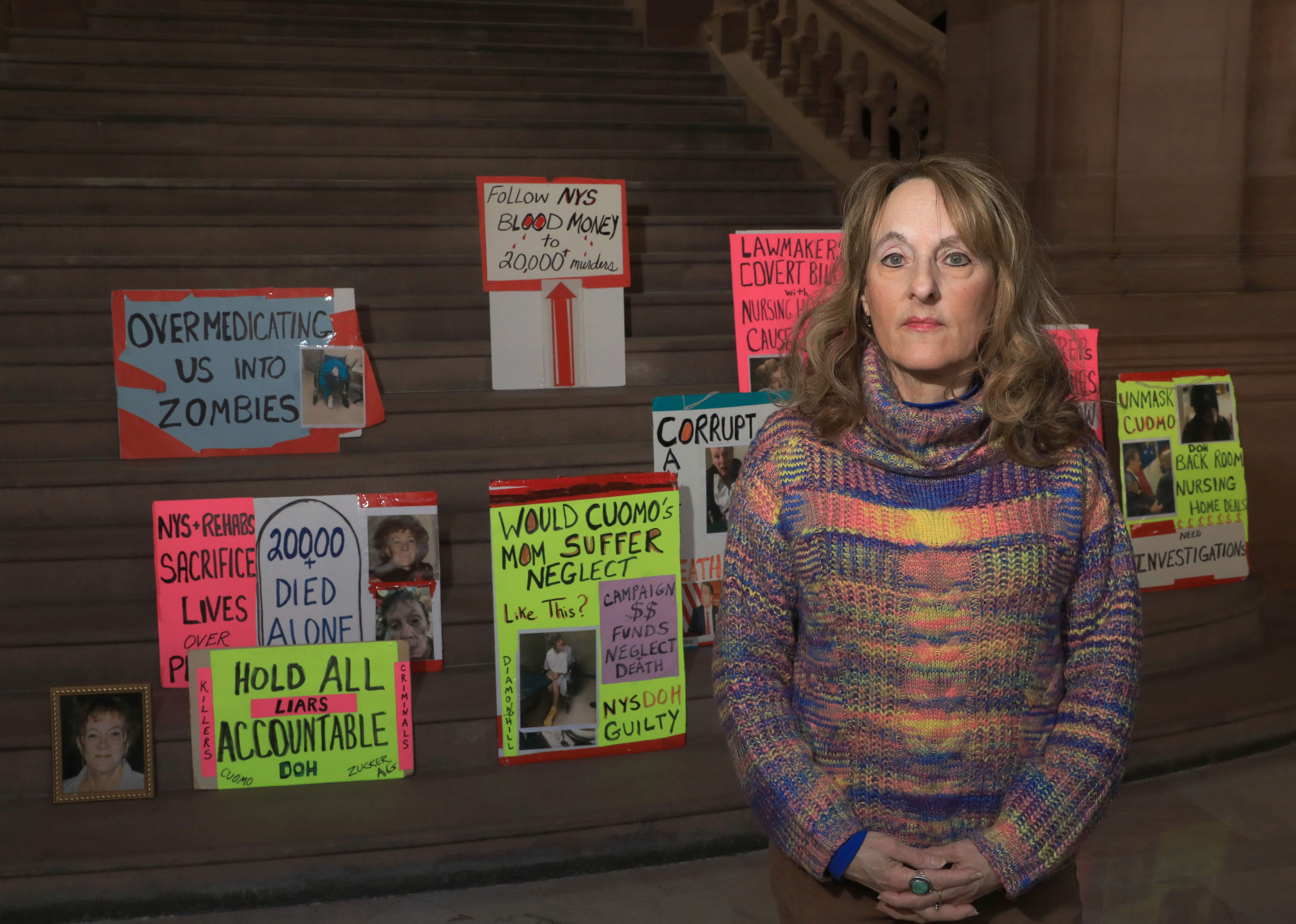 Mary Beth Delarm inside the New York State Capitol on April 20, 2022. Delarm's mother, Pat Ashley died in May 2020 while in a nursing home in Rensselaer County. Due to a lack of response from politicians, Delarm has turned to advocacy seeking accountability.