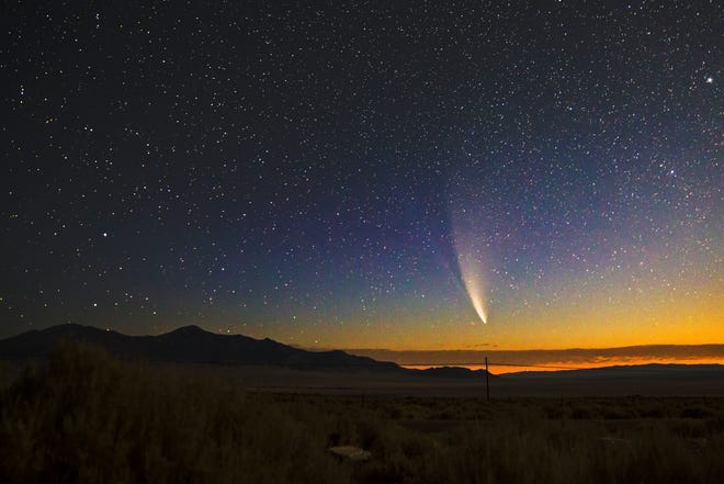 Landscape view of the comet NEOWISE rising over Great Basin National Park in eastern Nevada.