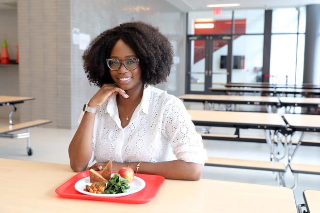 Red Rabbit learning and development director Talicia Tempro, who helps chefs throughout New York and New Jersey design menus tailored to students at each school, in the cafeteria of Dream Charter School in Harlem April 21, 2022. Red Rabbit, a Black-owned school food services company, makes culturally competent healthy meals that kids want to eat. In doing so, they are exposing some kids to different foods and foods they eat at home for others.