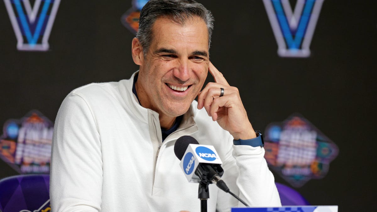 Jay Wright talks to media during a press conference before the Final Four in New Orleans.