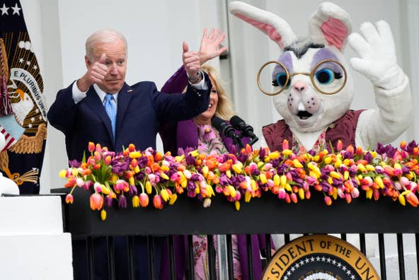 President Joe Biden and First Lady Jill Biden give remarks to people on the South Lawn during the White House Easter egg roll on April 18, 2022.