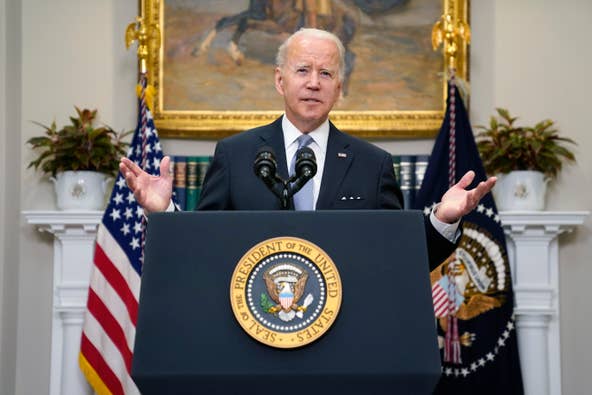 President Joe Biden delivers remarks on the Russian invasion of Ukraine, in the Roosevelt Room of the White House, Thursday, April 21, 2022, in Washington.