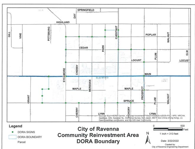 This map, drawn by Ravenna's engineering department, shows the boundaries of the proposed Designated Outdoor Refreshment Area in Ravenna.