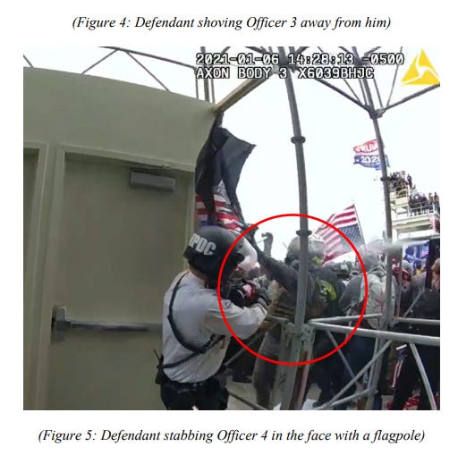 Video surveillance shows Special Forces veteran Jeffrey McKellop allegely assault an officer with a flag pole during the Jan. 6, 2021, riot in Washington D.C.