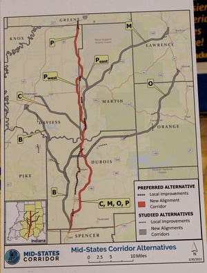 A map illustrating the Mid-States Corridor alternative routes.