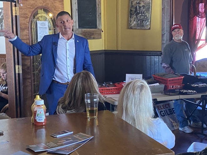 Republican governor candidate Joey Gilbert speaks during a March 2022 campaign stop in Dayton.