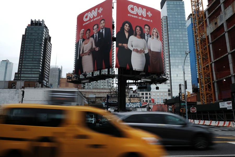 NEW YORK, NEW YORK - APRIL 21: An advertisement for CNN+ is displayed in Manhattan on April 21, 2022 in New York City.  Only three weeks after its launch, CNN has announced that it's new streaming service is already planning to shut down. CNN+ had attracted well known names in media and entertainment to its line-up, which looked to compete with other streaming services and to appeal to a younger audience.  (Photo by Spencer Platt/Getty Images) ORG XMIT: 775803157 ORIG FILE ID: 1392815109