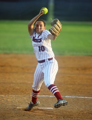 Weiss pitcher Ariana Flores-Acosta uncorks a delivery in a game versus Pflugerville last weekend. The Wolves open up their playoffs with a game versus Lockhart on Friday.