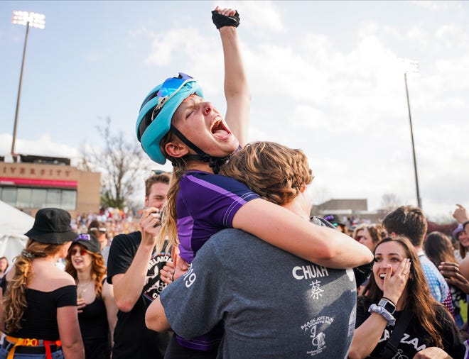 Melanzana Cycling's Abby Teed celebrates after winning the 34th running of the women's Little 500 at Bill Armstrong Stadium Friday afternoon.
