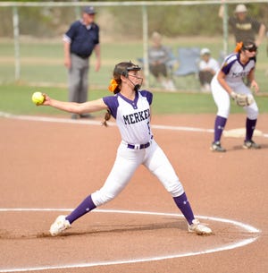 Merkel's Josie Whitehead pitches against Clyde on April 22.