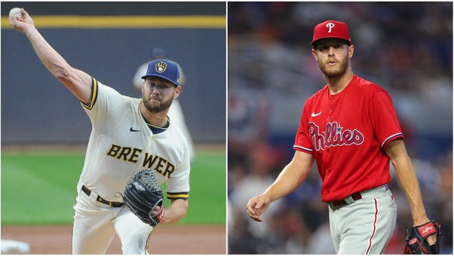 The Brewers in 2015 acquired Adrian Houser (left) as part of a four-prospect return in a trade for Carlos Gomez and Mike Fiers. Previously, they had agreed to trade Gomez to New York for Zack Wheeler (right) before the deal fell through.