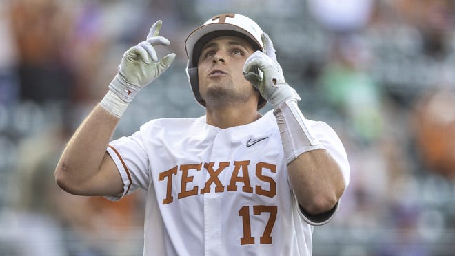 Texas first baseman Ivan Melendez celebrate a home run against Stephen F. Austin during a game on April 12.