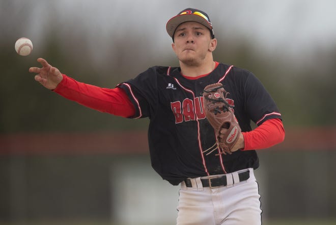 Rossville senior Corey Catron (2) field a ball after Santa Fe gets a hit in the sixth inning of Friday's game.