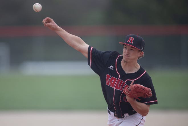 Rossville senior Kaden Brown (16) pitches against Santa Fe during the seventh inning of Friday's game.