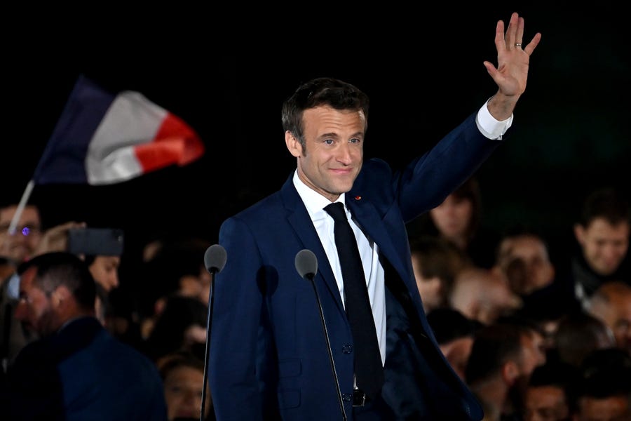 French President Emmanuel Macron is pictured in Paris after winning re-election, defeating far-right candidate Marine Le Pen for a second five-year term as president.