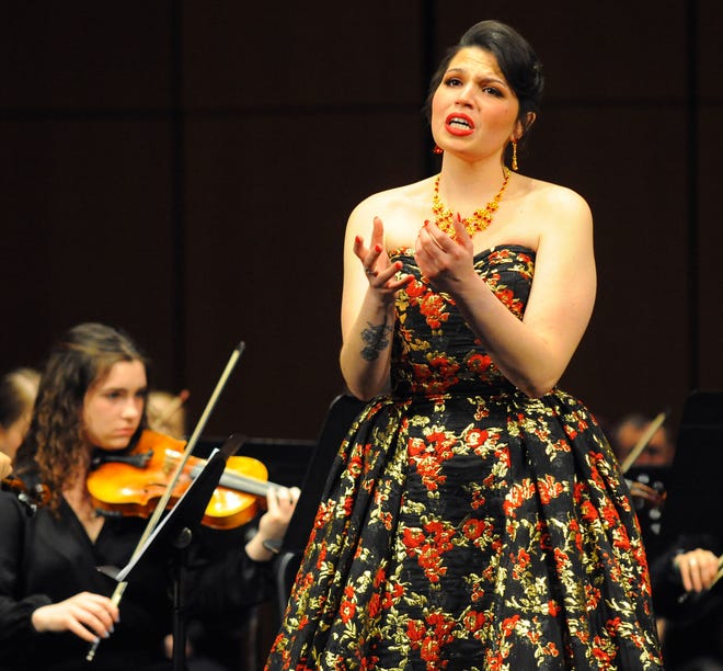 Peyton Zamarelli, a 2022 graduate of the University of Mount Union, sings Mozart's "Batti Batti" from Don Giovanni as guest soloist during Alliance Symphony Orchestra's spring concert Sunday April 24, 2022, in Brush Performance Hall at Giese Center for the Performing Arts.