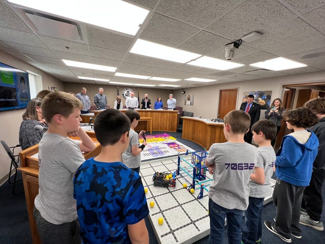 Members of the Needmore Elementary Robotics teams demonstrated their machines and abilities to members of the North Lawrence Community Schools board during Thursday's meeting