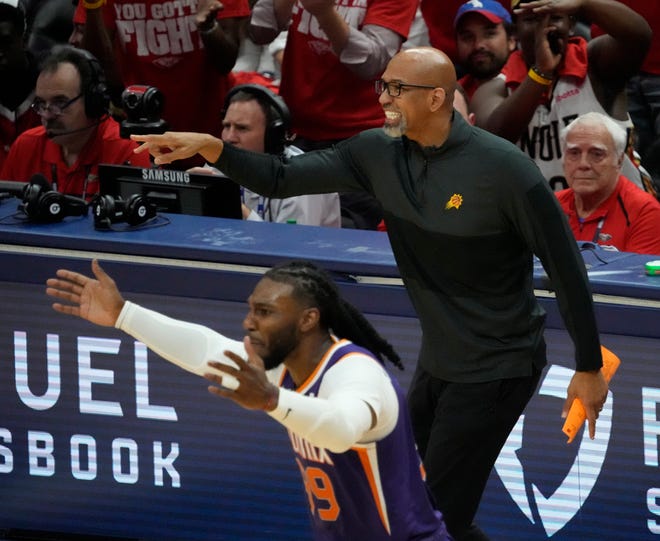 Apr 24, 2022; New Orleans, Louisiana, U.S.;  Phoenix Suns head coach Monty Williams and forward Jae Crowder (99) argue a call against the New Orleans Pelicans during Game 4 of the Western Conference playoffs.