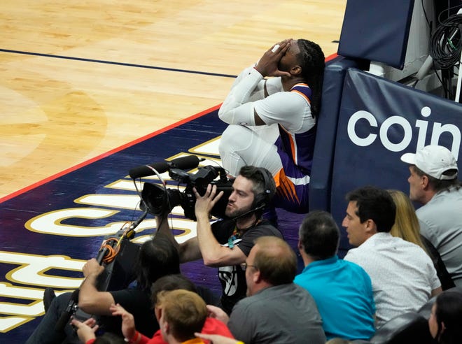 Apr 24, 2022; New Orleans, Louisiana, U.S.;  Phoenix Suns forward Jae Crowder (99) reacts after a foul call against him during Game 4 of the Western Conference playoffs against the New Orleans Pelicans.
