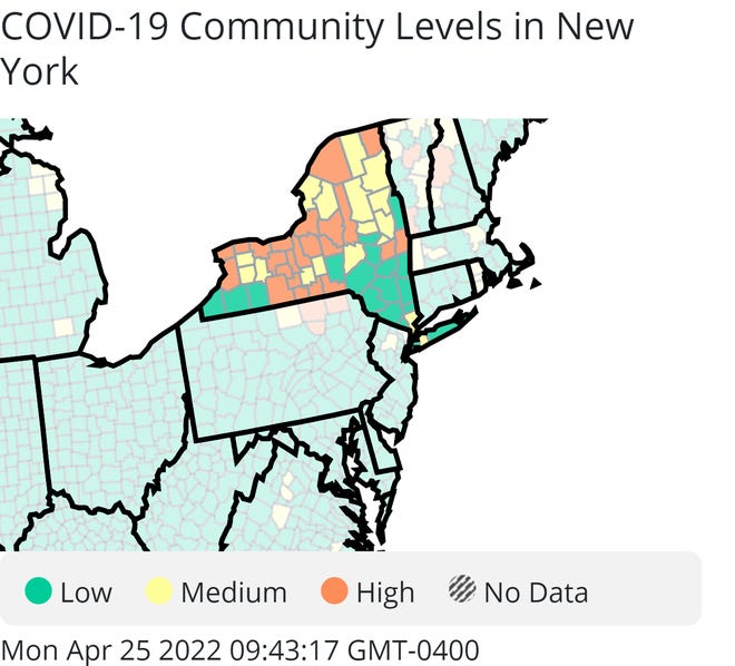 CDC COVID-19 risk levels for New York counties.