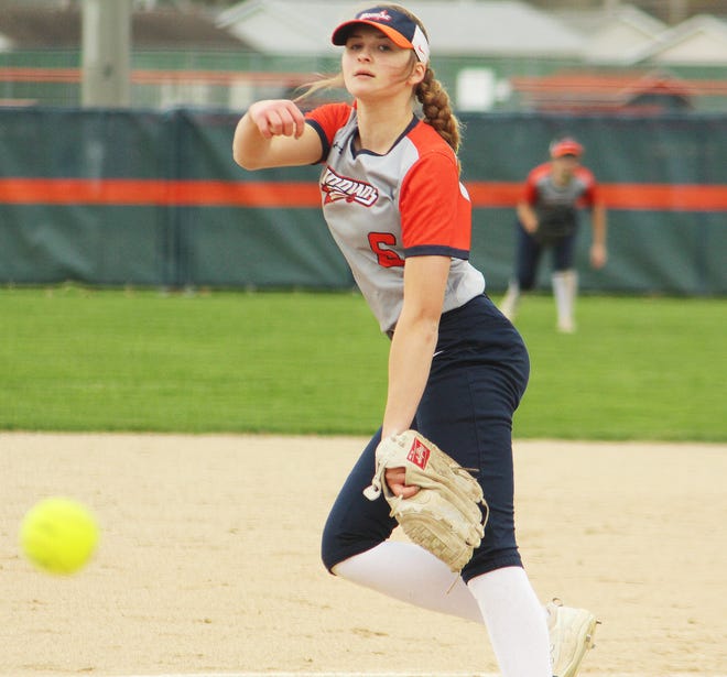 Pontiac's Elena Krause, shown here earlier this season, closed out Pontiac's 7-5 win over Monticello Monday.