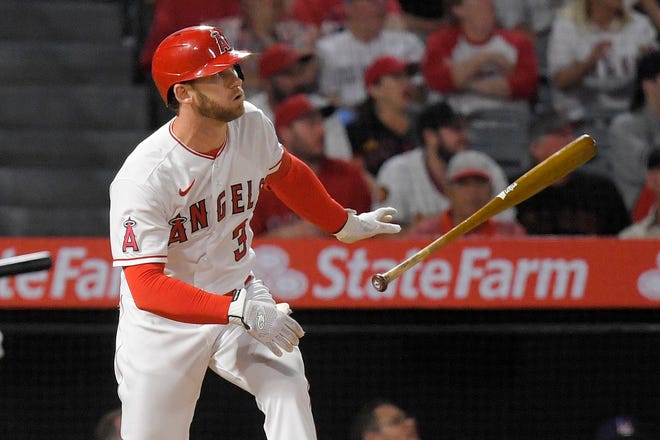 Los Angeles Angels' Taylor Ward drops his bat as he hits a two-run home run during the seventh inning of a baseball game against the Cleveland Guardians Monday, April 25, 2022, in Anaheim, Calif. (AP Photo/Mark J. Terrill)