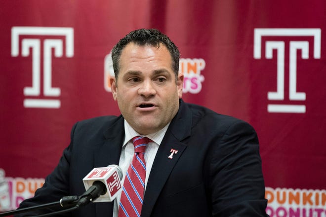 FILE - This is a Dec. 6, 2016, file photo showing Temple University Director of Athletics Patrick Kraft speaking during a news conference in Philadelphia. Boston College hired Temple athletic director Patrick Kraft on Wednesday, June 3, 2020, to fill the same role at the Atlantic Coast Conference school. Kraft replaces Martin Jarmond, who left BC last month after a short stint to become athletic director at UCLA. (AP Photo/Matt Rourke, File)