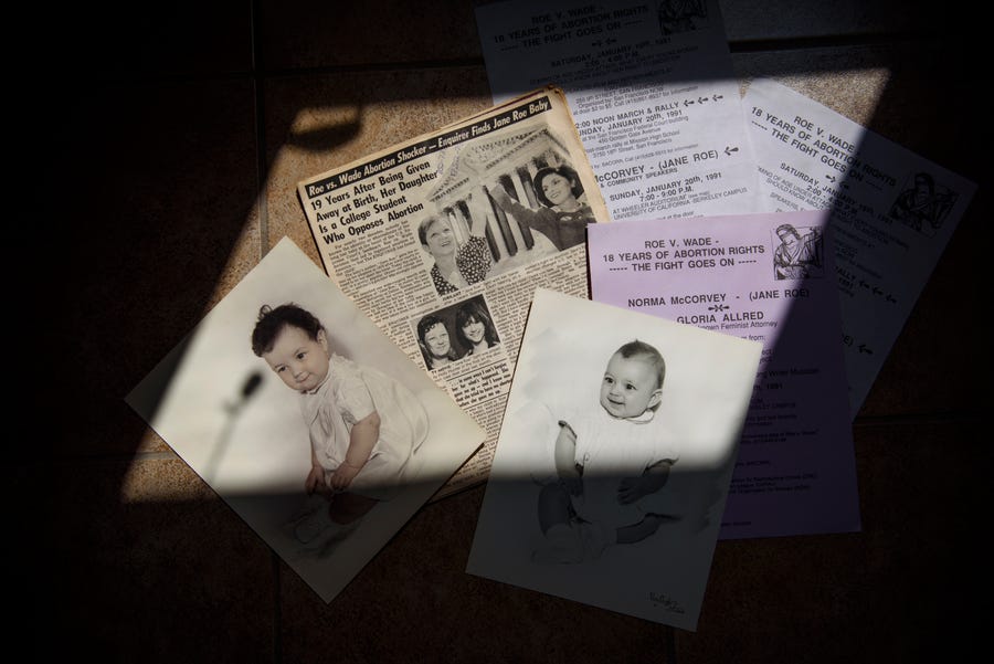 Memorabilia from political events and baby photos of Norma McCorvey, the plaintiff in Roe v. Wade, and her daughter Melissa Mills are displayed at Mills' home in Katy, Texas on April 22, 2022.