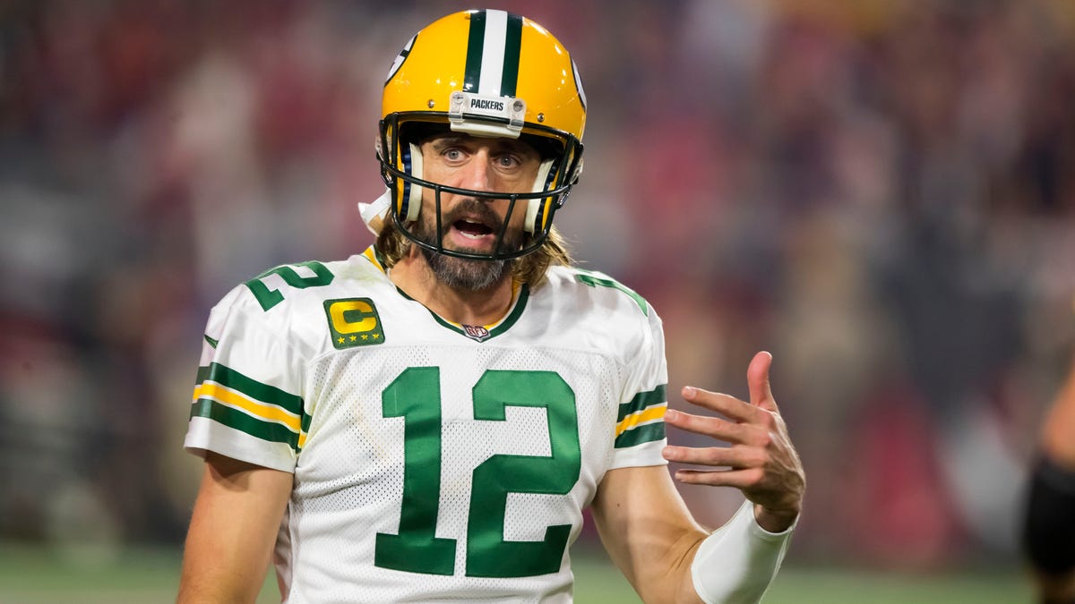 Green Bay Packers quarterback Aaron Rodgers (12) reacts against the Arizona Cardinals at State Farm Stadium.