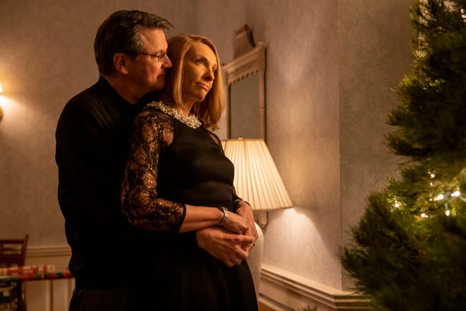 Colin Firth as Michael Peterson and Toni Collette as Kathleen Peterson in "The Staircase" on HBO Max.