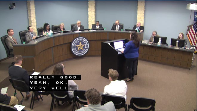 Raquel Valdez Sanchez of Business & Community Leaders of Texas  presents the Pflugerville City Council with new guidelines for the second round of the city's small business grant program.