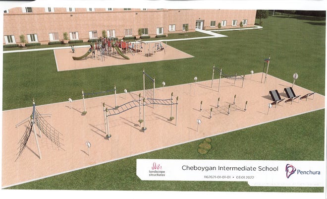 The plans for the new equipment to be installed at Cheboygan Intermediate School will have two different parts, an obstacle course and then another piece of equipment with slides. This is one of the concept images shared with the school board members at Monday's school board meeting.