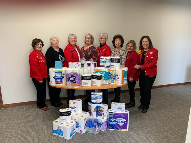 Adrian's chapter of the General Federation of Women's Clubs had its annual meeting April 8 and is pictured with paper products and other essential items the club donated to the Catherine Cobb Safe House in Adrian. Members pictured in the photo are, from left, Harriet Spiegel, Verna Wooden, Clara Ruttkofsky, Karin Ford, Rhonda Gage, Poky Flowers, Linda Wildern and Barbara Wesley.