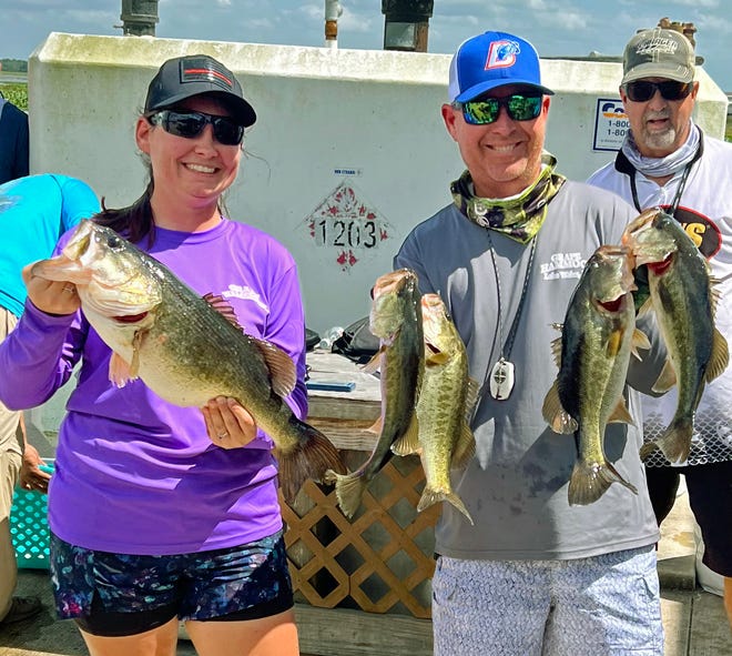 Amanda Butler, left, had Day One big bass with a 6.95 pounder to help her and her partner Mike Hancock to a total weight of 27.65 pounds to win the Bass N Boats tournament April 23-24 on Lake Kissimmee. 