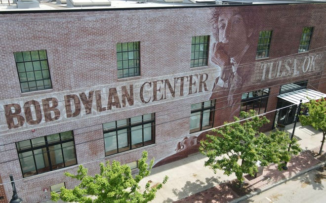 The Bob Dylan Center mural Monday, April 25, 2022 in Tulsa, Okla. 